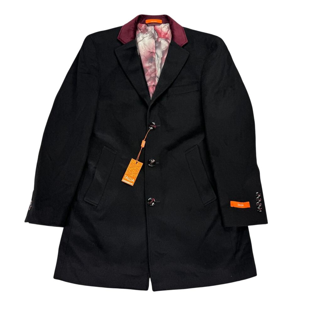 Tallia Mens Wool Blend Velvet Contrast Top Collar Overcoat Black S